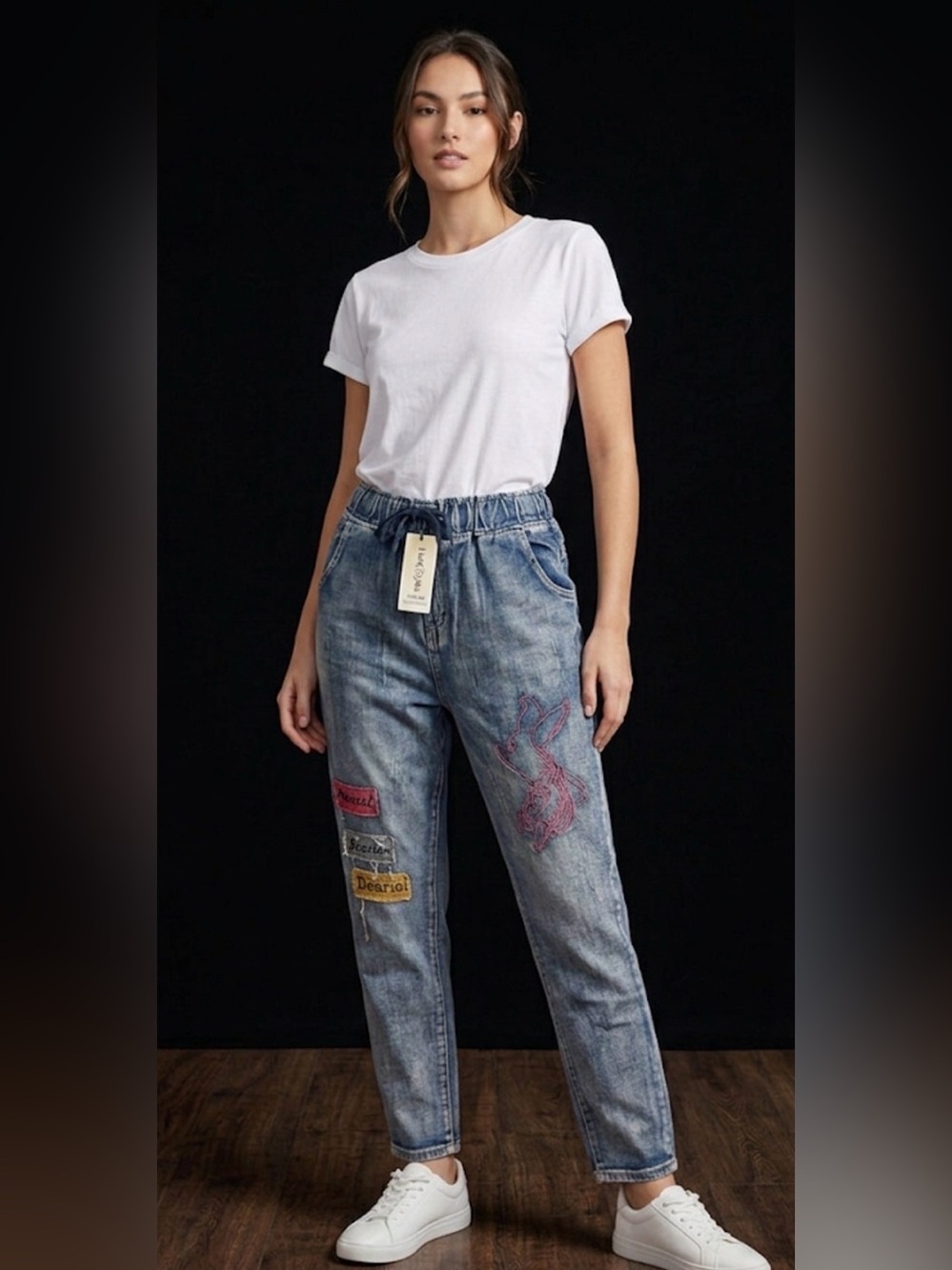 Embroidered Light Blue Boyfriend Jeans with Patch Details - Women